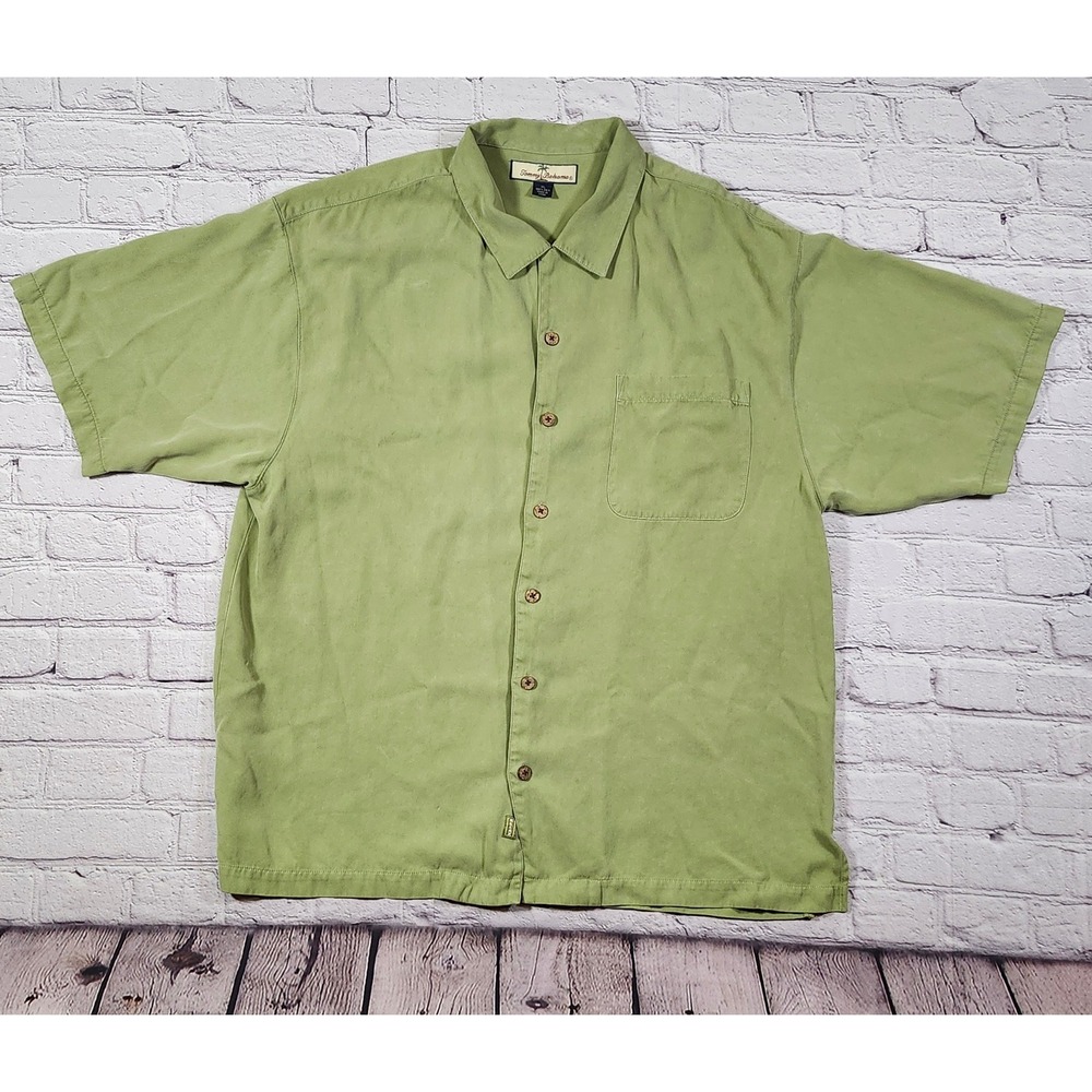 100% Silk Tommy Bahama Relax Mens XL Sage Green Short Sleeve Camp Shirt